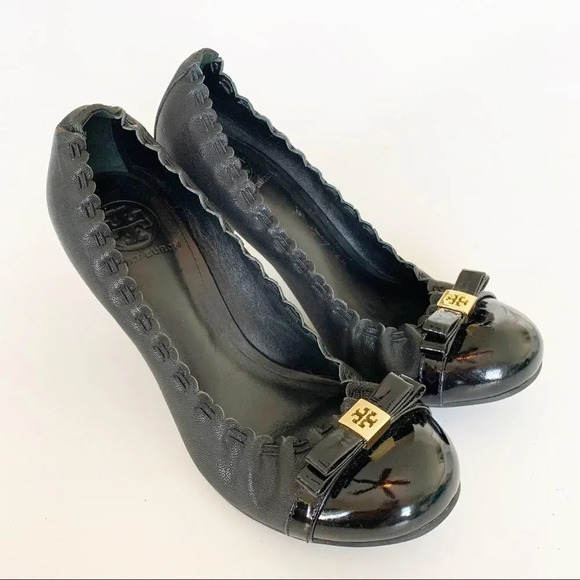 Tory Burch Romy Pump Black Leather Heels Women’s‎ Size 7 Patent Ruffle Luxe Look - Picture 8 of 11
